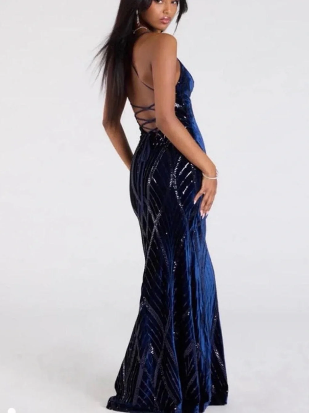 Windsor Navy Sequin Velvet Spaghetti Strap Gown